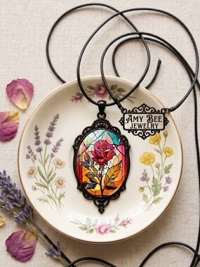 Stained Glass Rose Pendant Necklace. New.